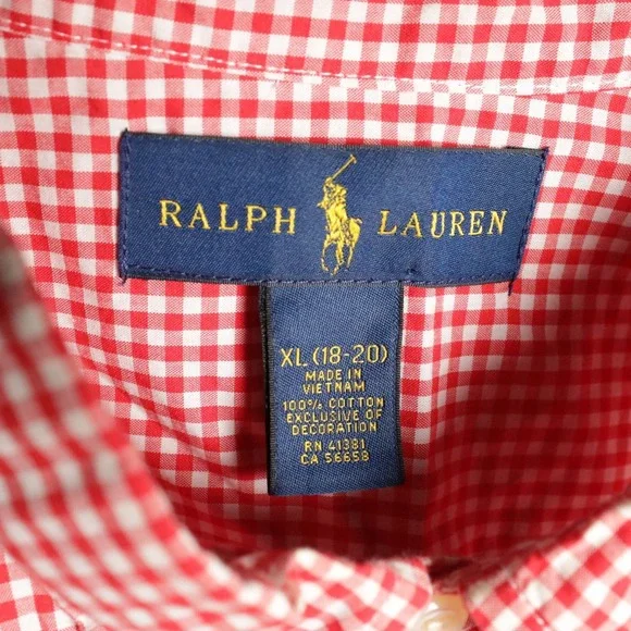 Ralph Lauren Kids Gingham Button Down Shirt Red White Long Sleeve Size XL 18-20 - Picture 4 of 5